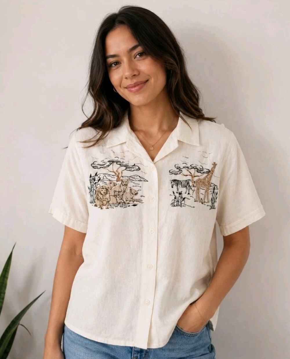 Wildlife Cream Embroidered African Safari Button Up Short Sleeve |Sz 14| Novelty
